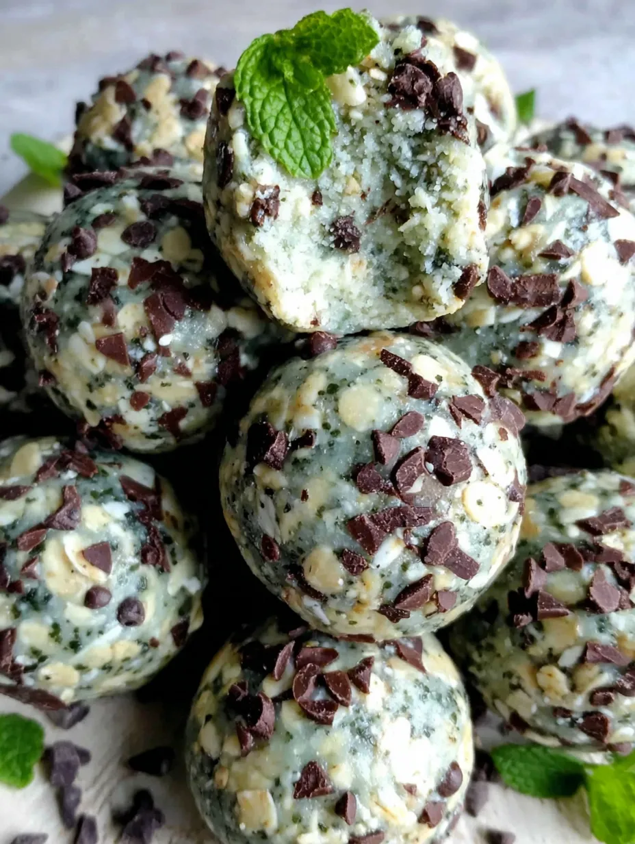A stack of mint chocolate chip protein balls.