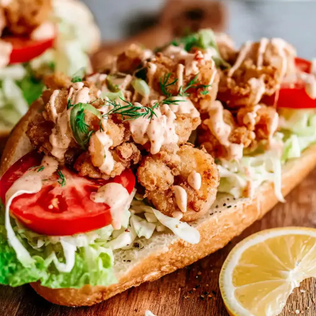 A sandwich with shrimp and lettuce on a bun.