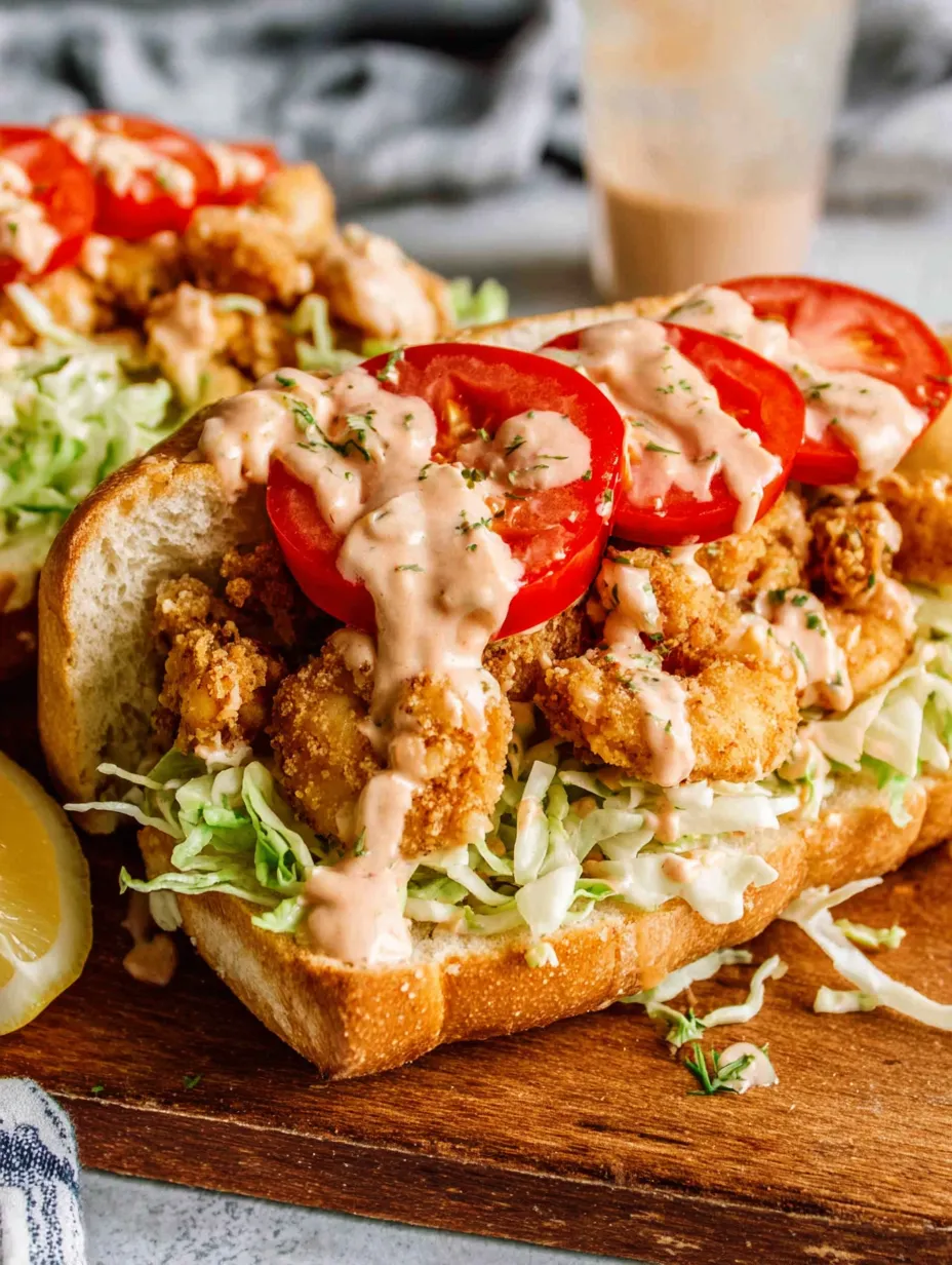 A fried shrimp po boy with lettuce and tomato.