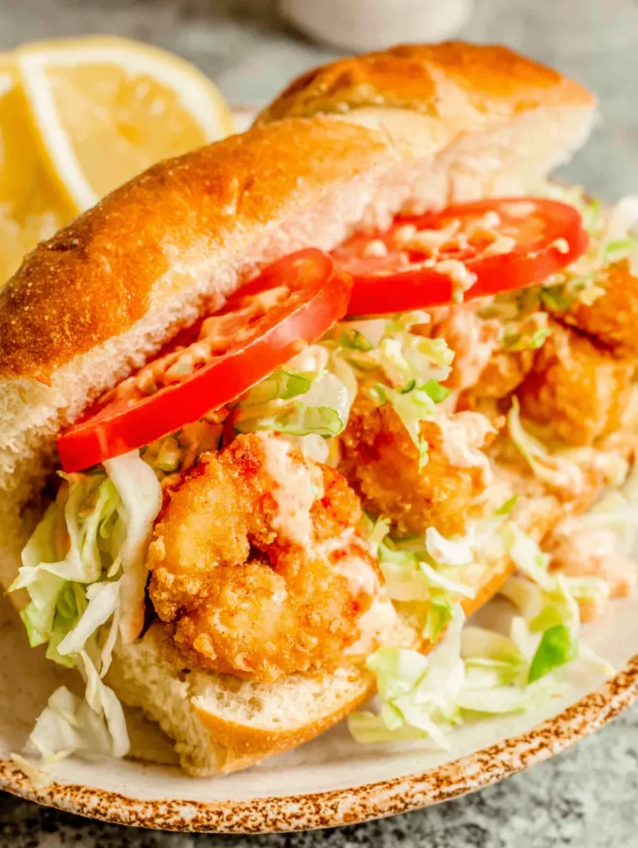 A fried shrimp po-boy sandwich with lettuce and tomato.