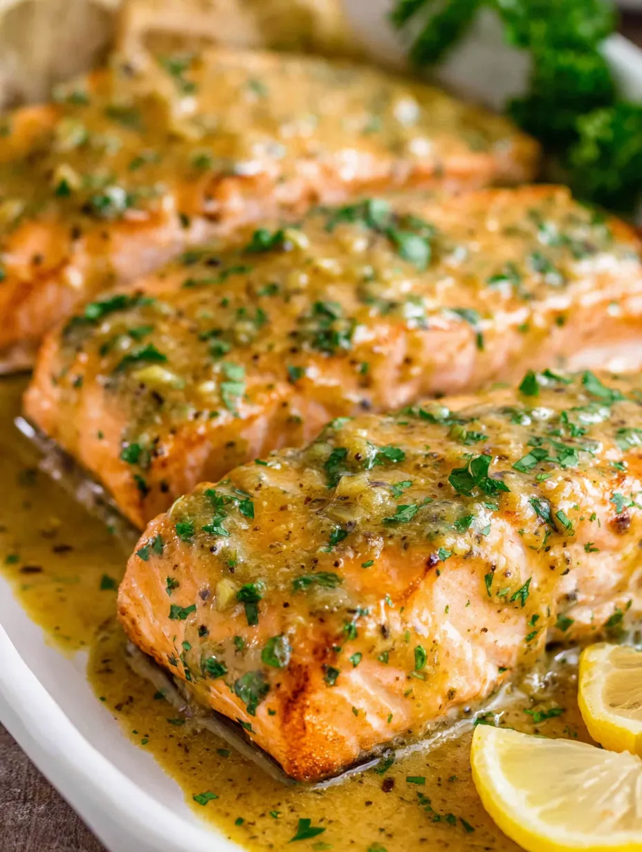 A plate of baked salmon with honey mustard.