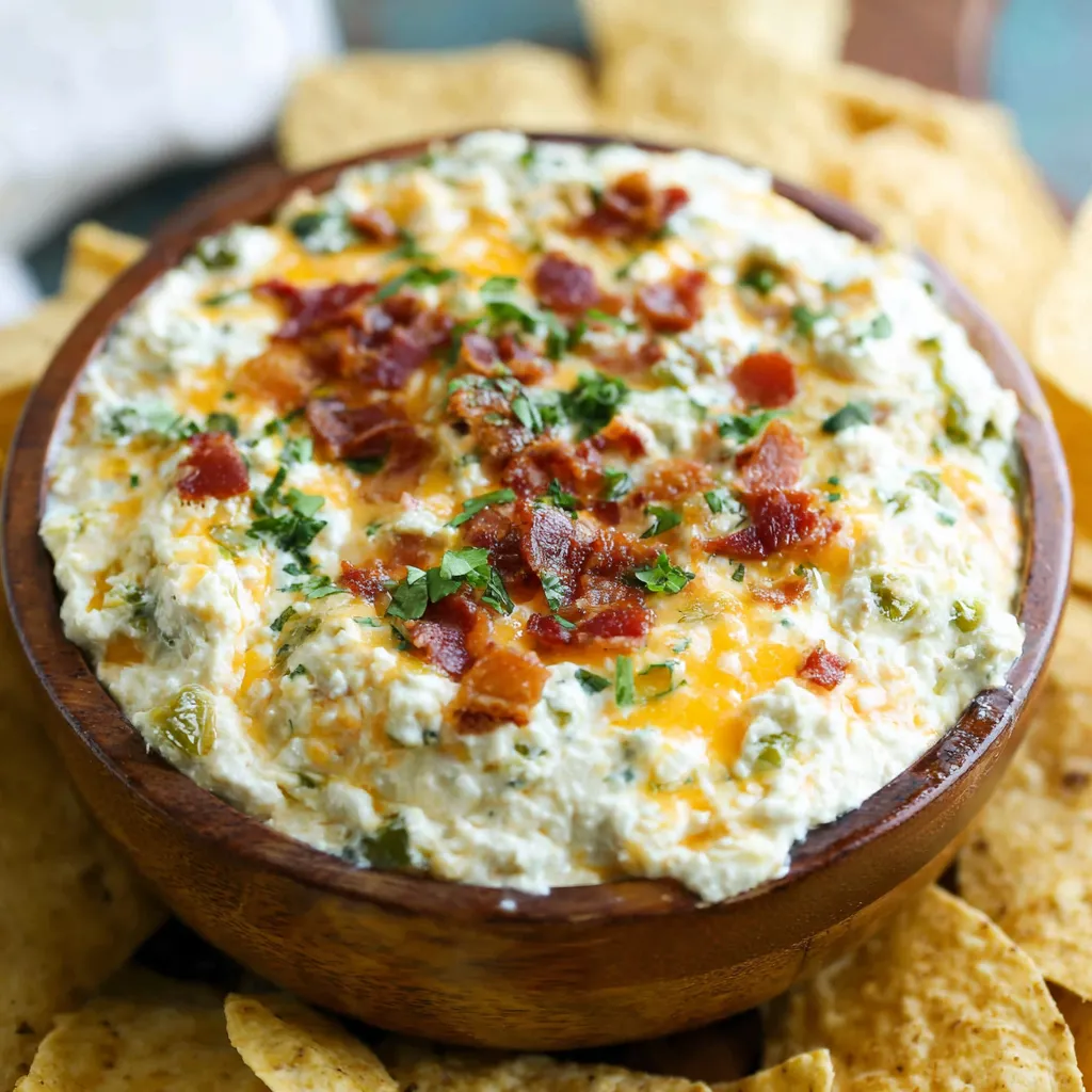 A bowl of jalapeno popper dip with bacon bits and chips.