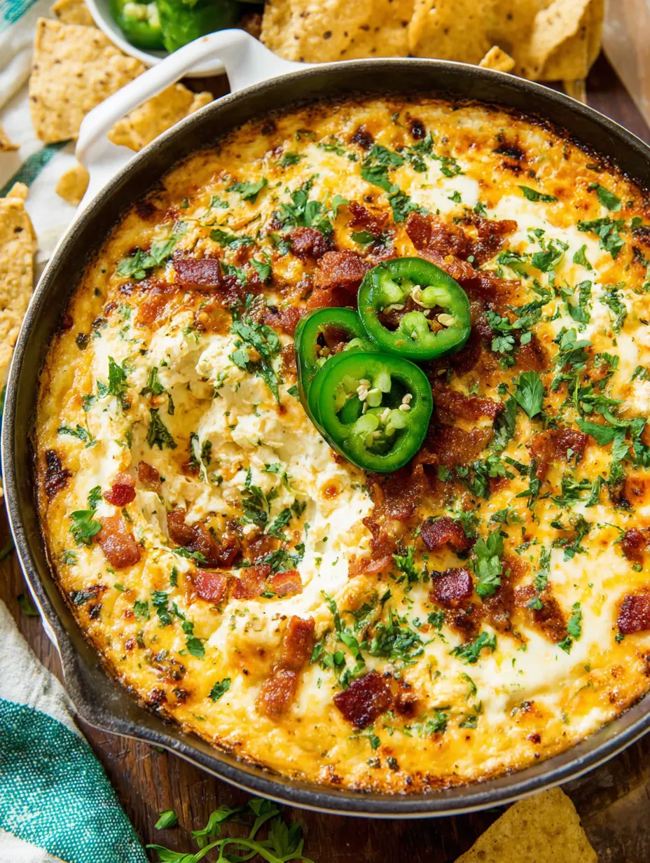 A bowl of jalapeno popper dip with bacon and cheese.