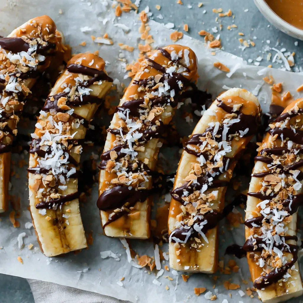Bananas with chocolate and coconut topping.