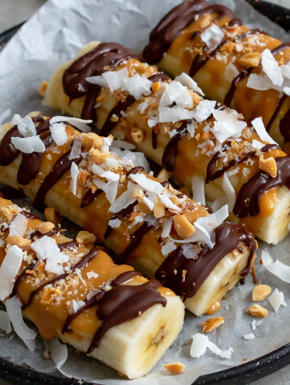 A tray of frozen banana snacks with chocolate drizzle.