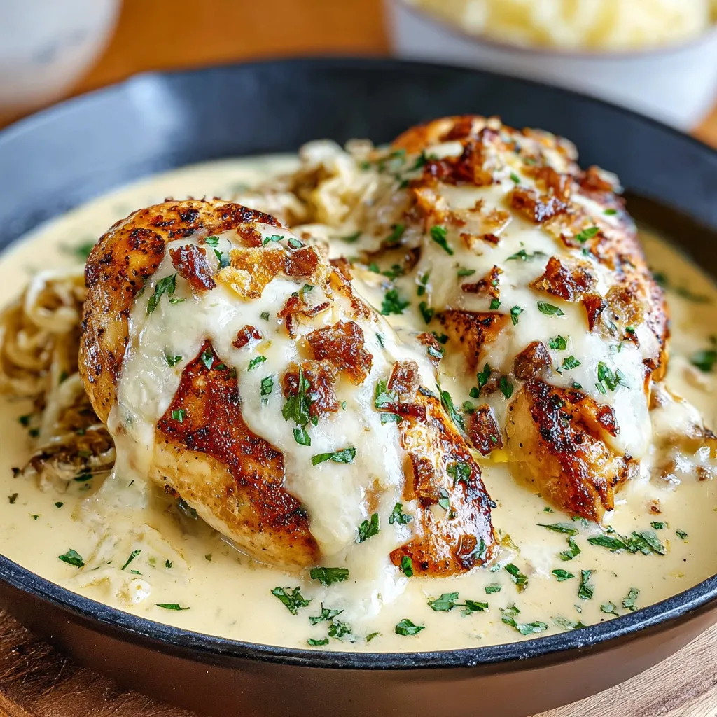 A plate of smothered chicken with jack cheese.