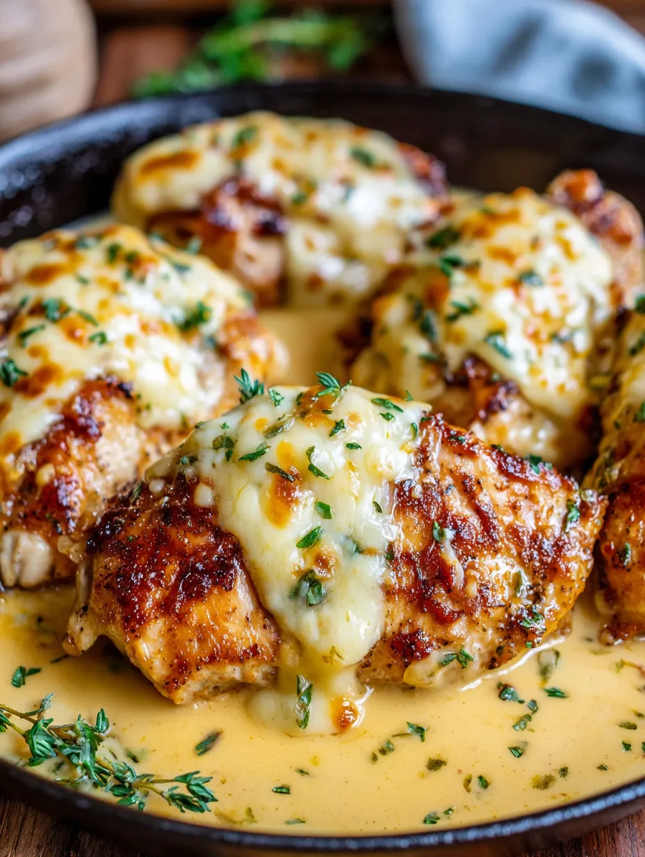 A plate of smothered chicken with cheese.