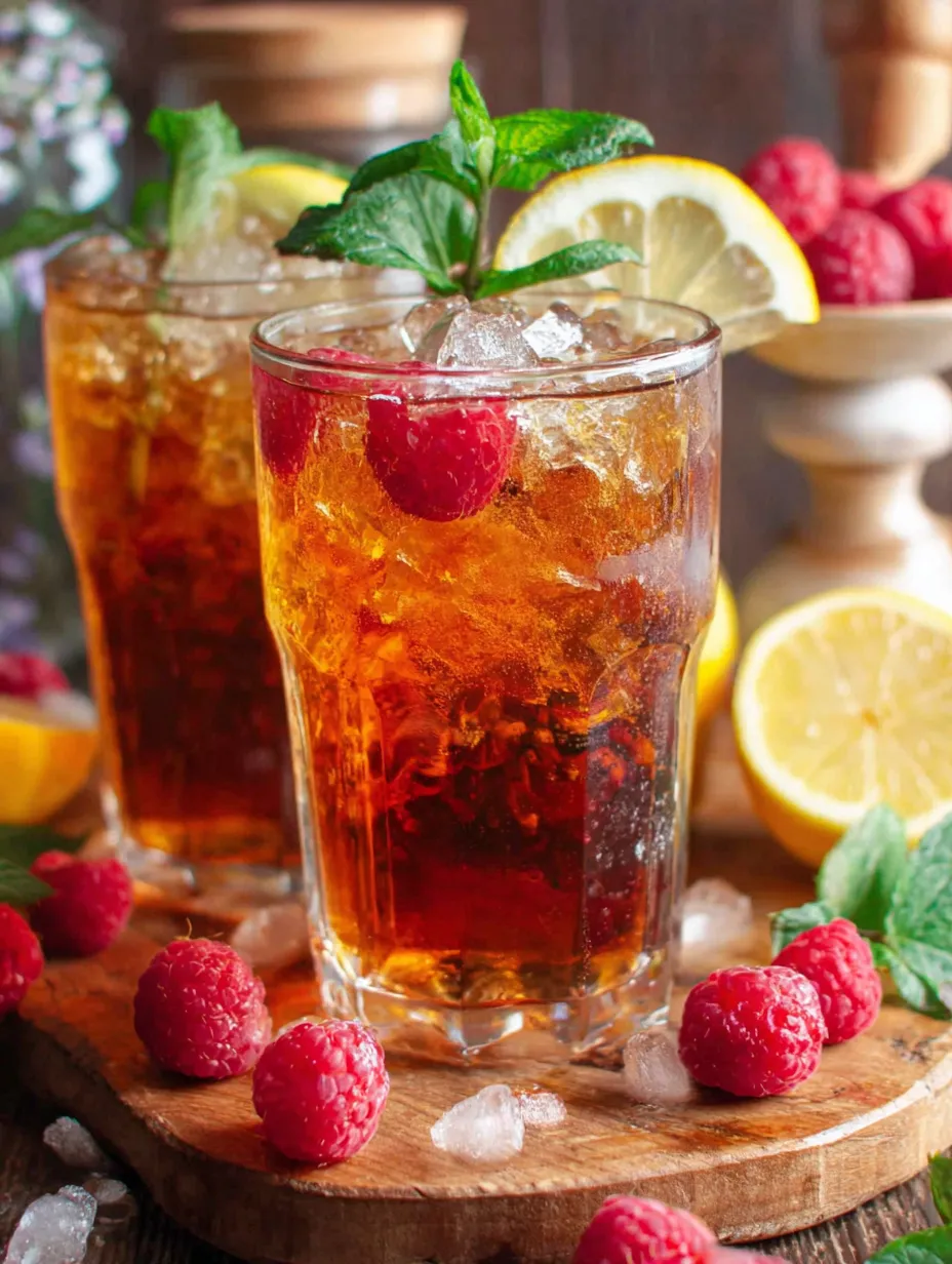 A glass of Earl Grey Raspberry Iced Tea with a lemon wedge.