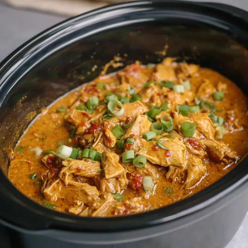 A pot of chicken with green onions and red peppers.