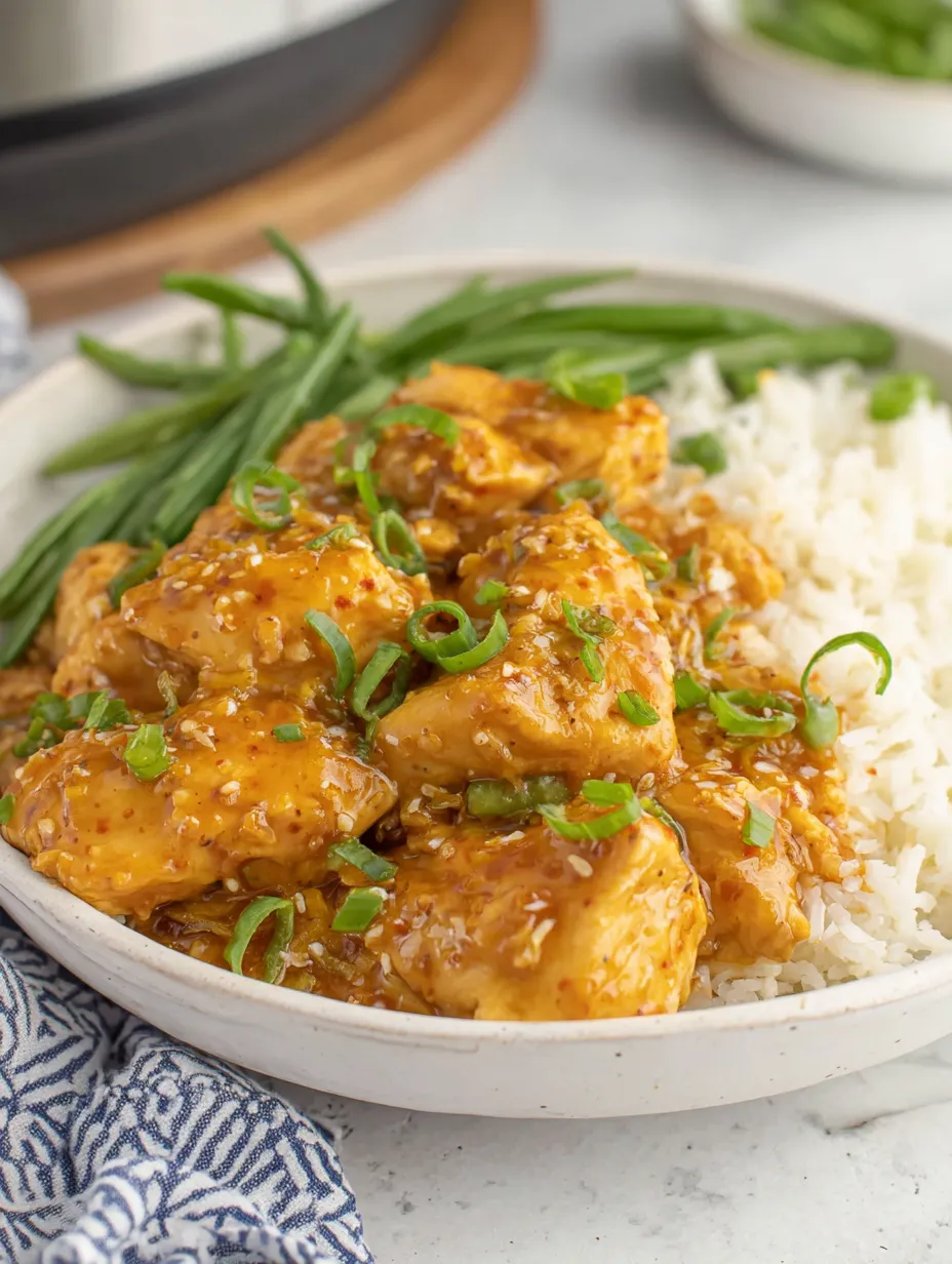 A bowl of chicken with rice and green onions.