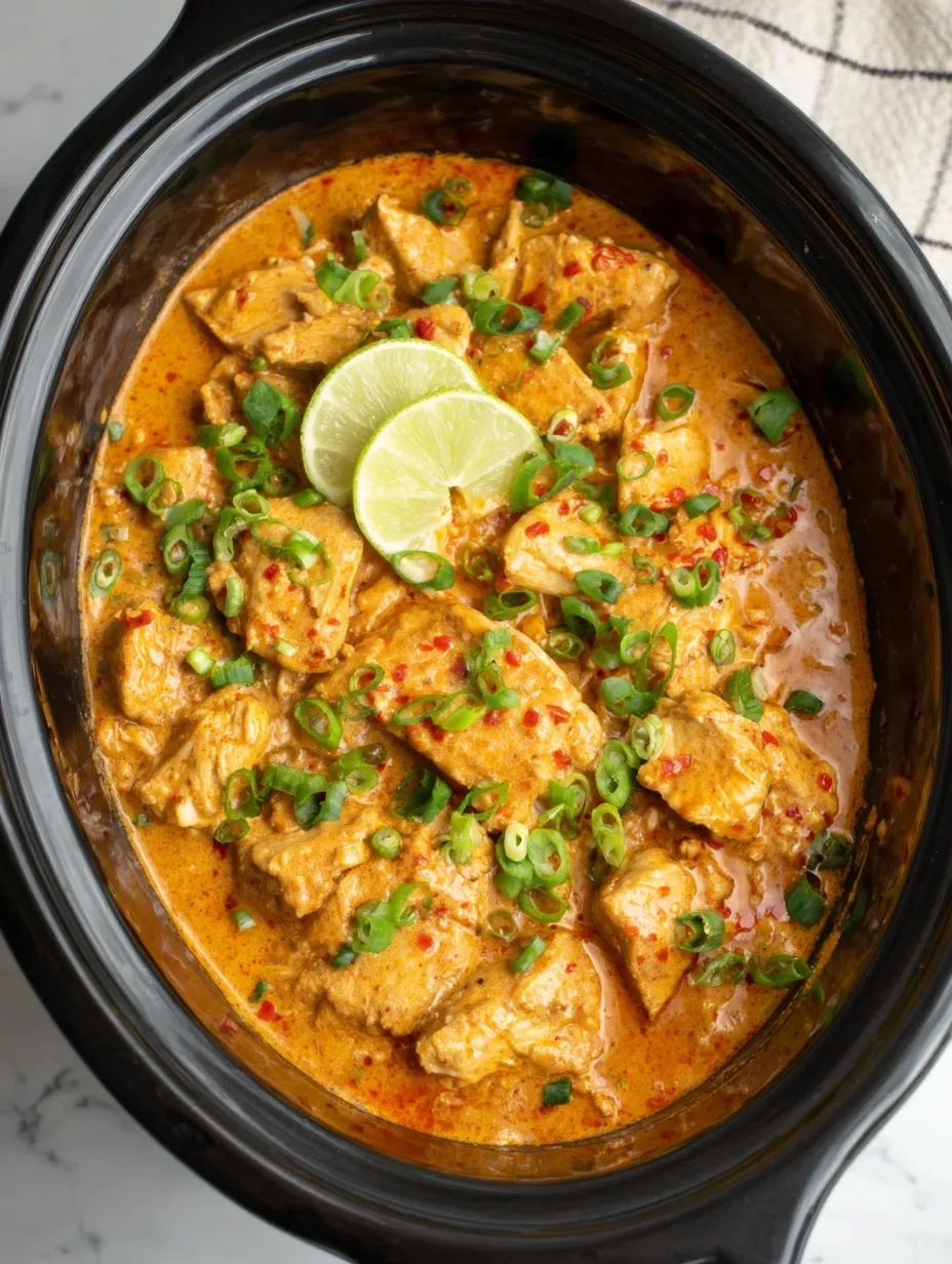 A bowl of chicken with red peppers and lime.