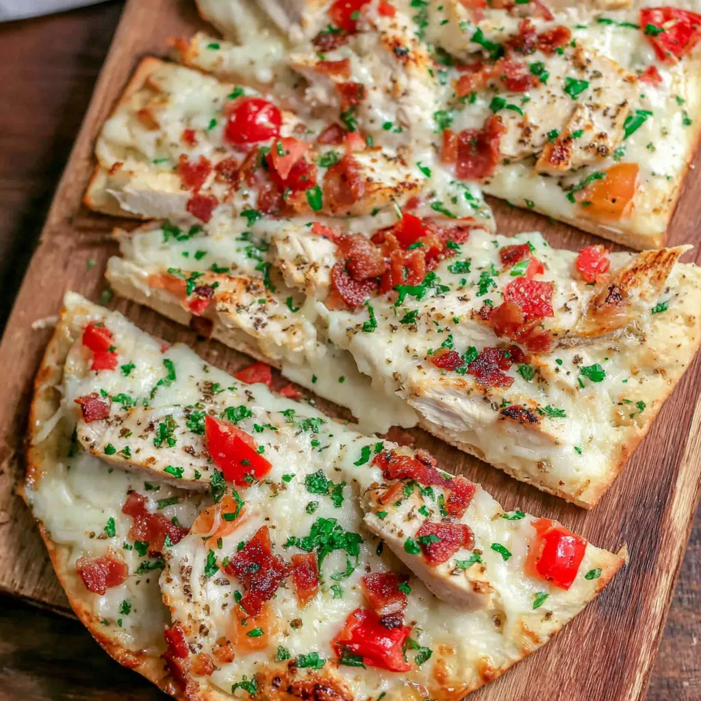 A flatbread with chicken and tomatoes on it.