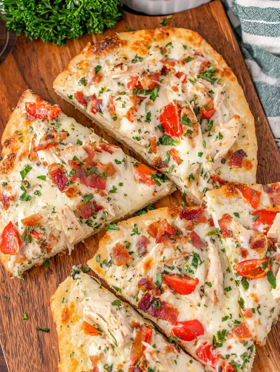 A slice of chicken Alfredo flatbread.