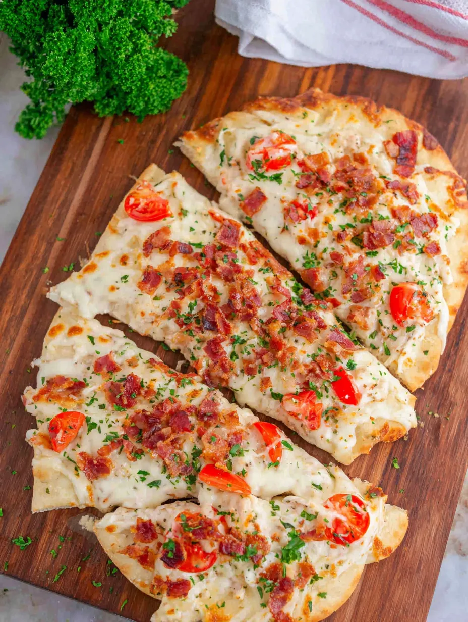 A flatbread with tomatoes and bacon on it.
