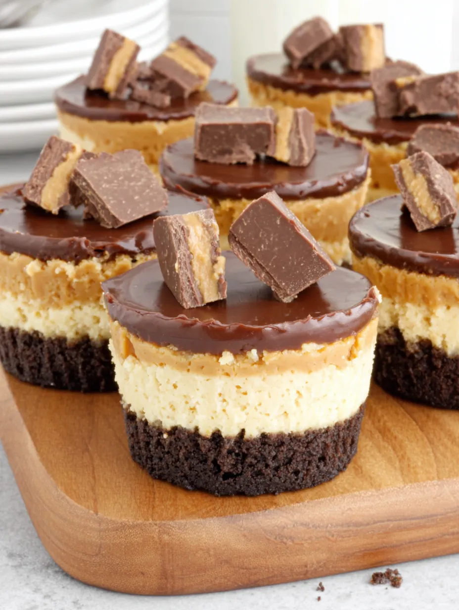 Mini peanut butter cup cheesecakes with chocolate toppings.