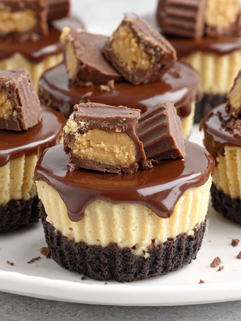 Mini peanut butter cup cheesecakes with chocolate drizzle.