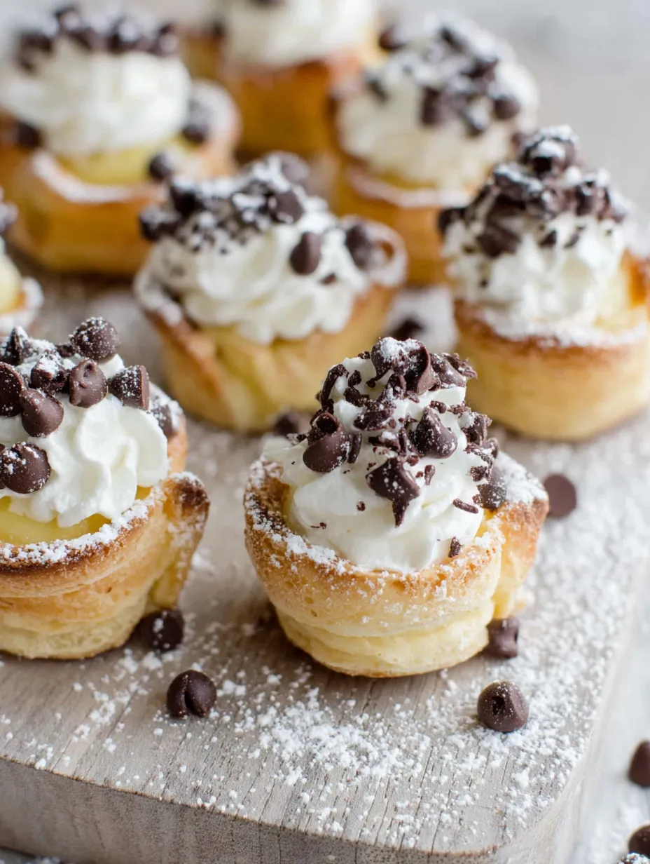 A plate of cannoli bites with white whipped cream and chocolate chips.