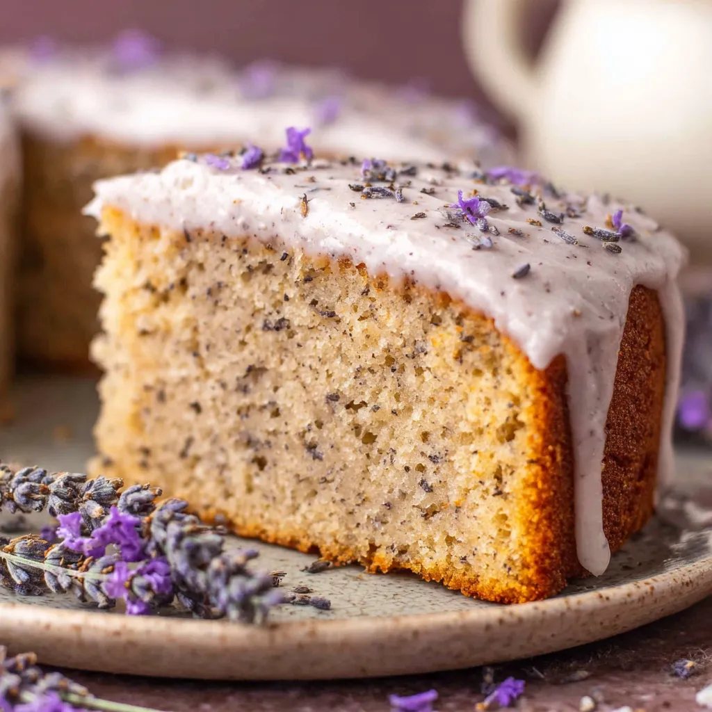 A slice of London Fog cake with white frosting and purple flowers.