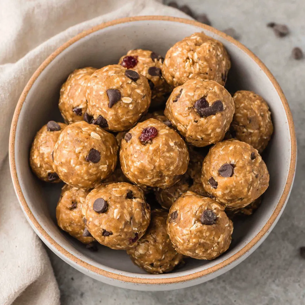 A bowl of chocolate chip protein balls.