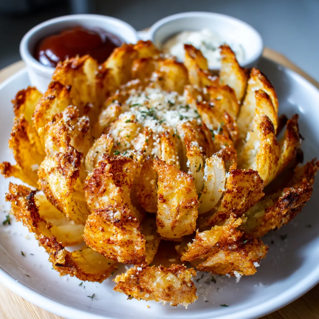 A plate of food with a fried onion and a dipping sauce.