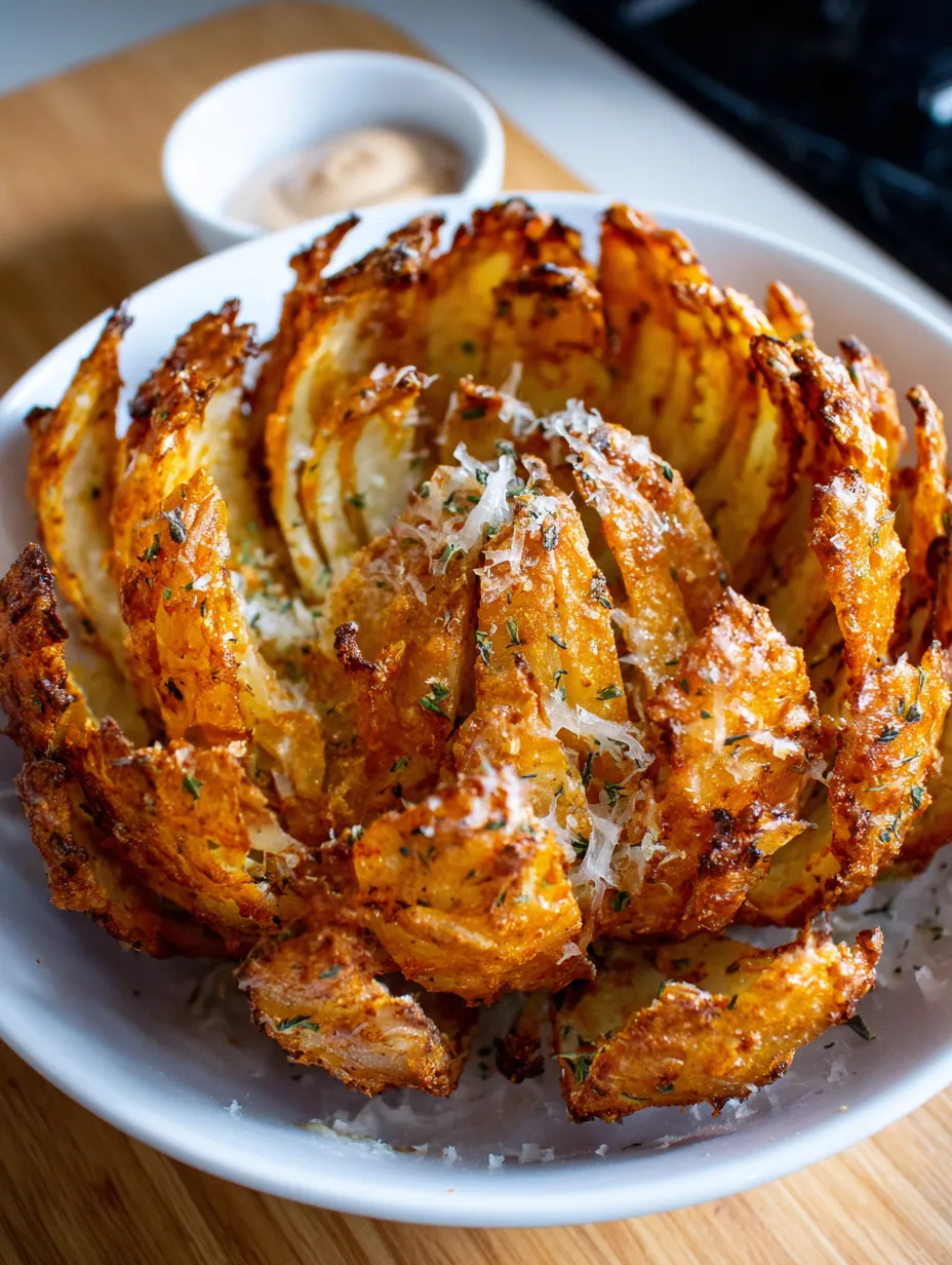 A plate of food with a fried onion in the center.