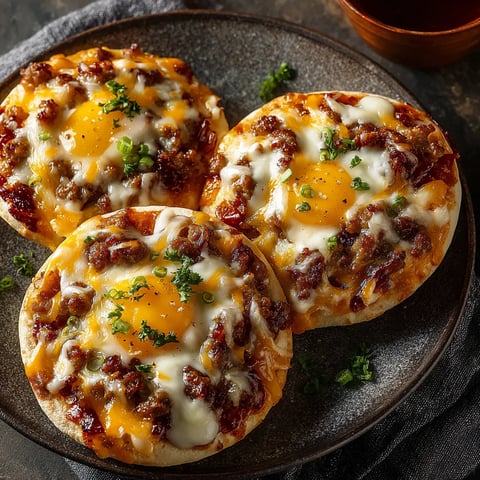 Two English muffin breakfast pizzas with eggs and bacon.