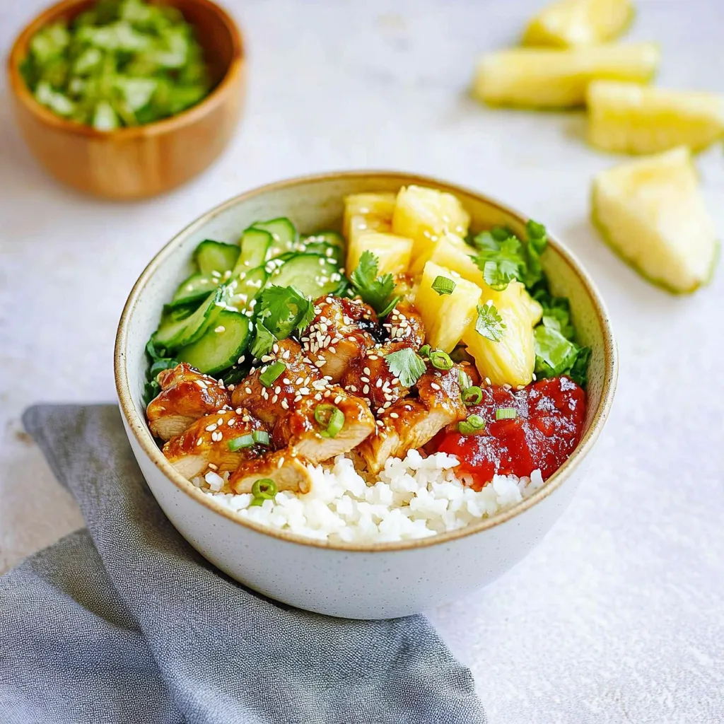 A bowl of food with chicken, pineapple, and cucumber.