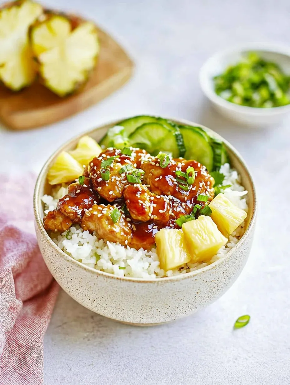 A bowl of chicken teriyaki pineapple rice.