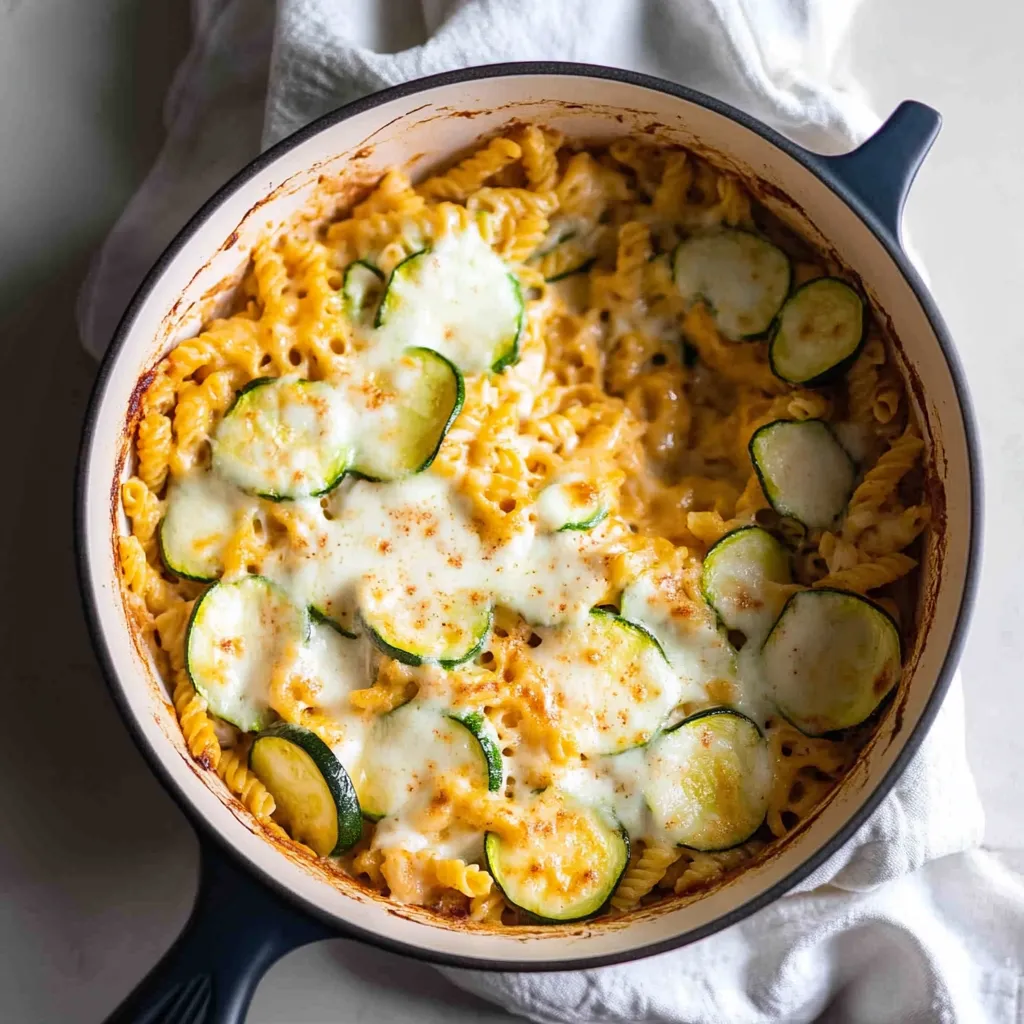 A dish of pasta with zucchini and cheese.