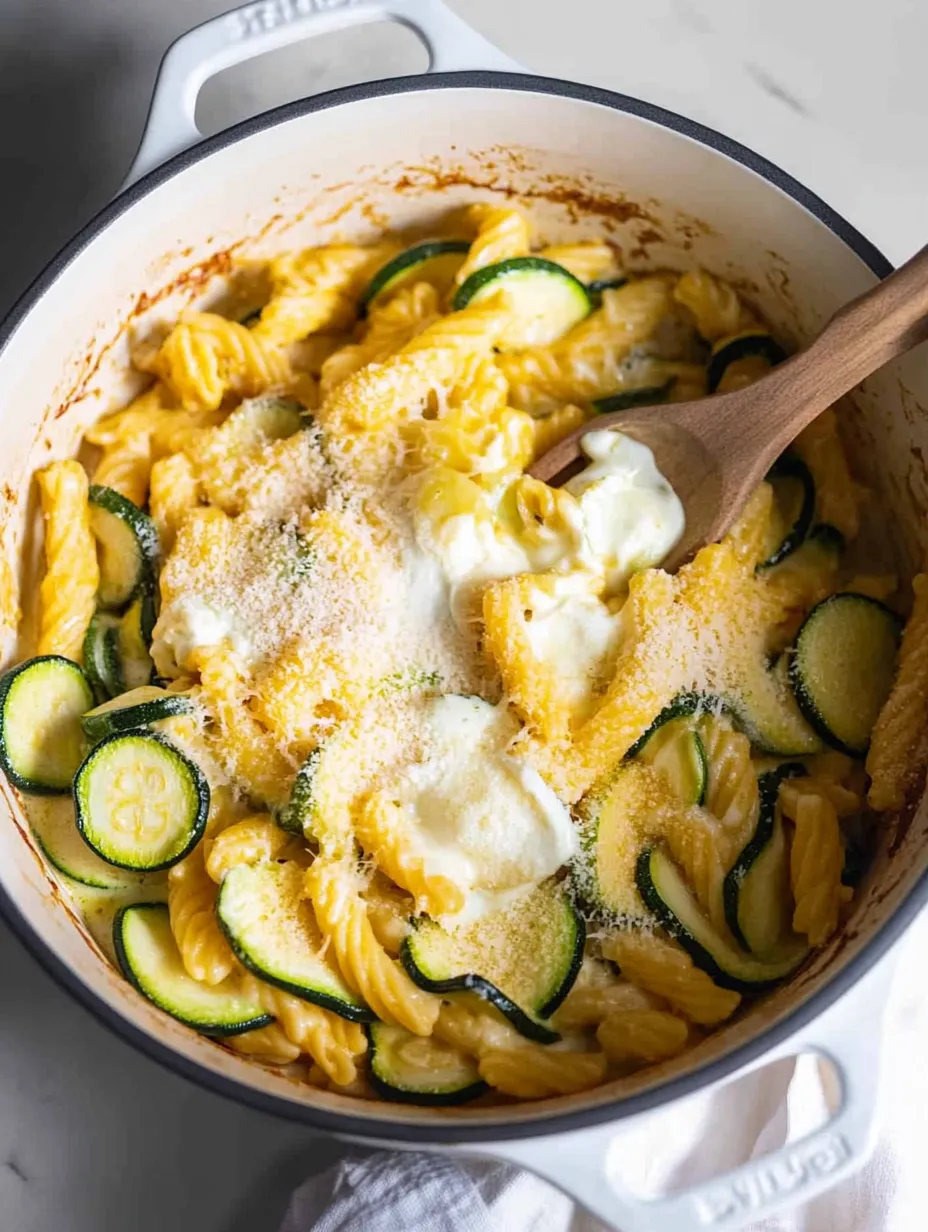 A bowl of pasta with zucchini and cheese.
