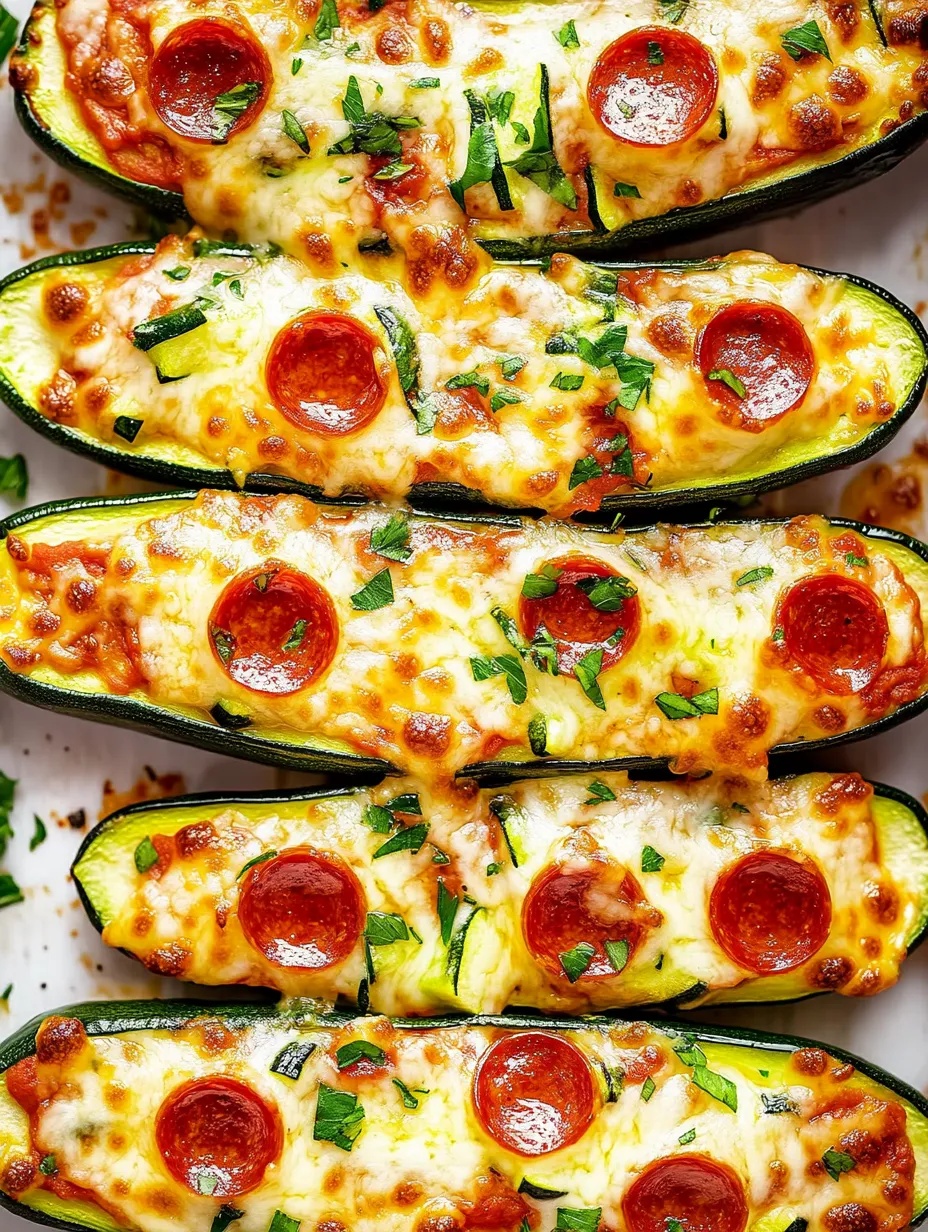 A row of zucchini boats with pepperoni and cheese.