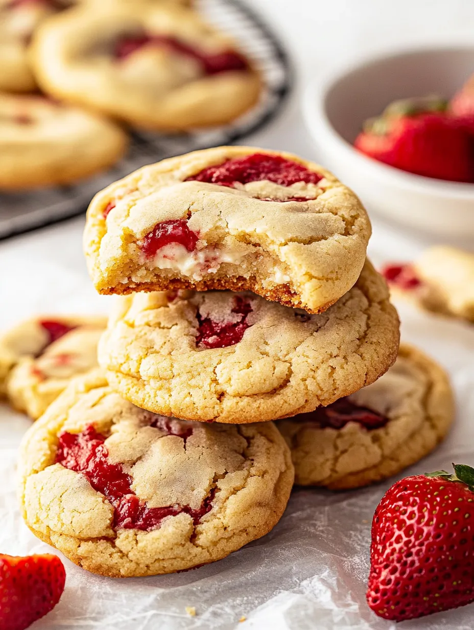A stack of cookies with strawberry and white cream filling.