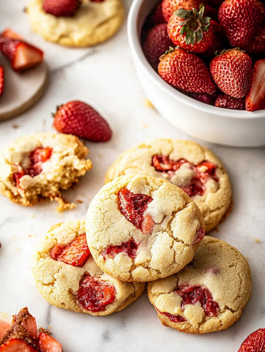 A bowl of strawberries next to a plate of strawberry cheesecake cookies.