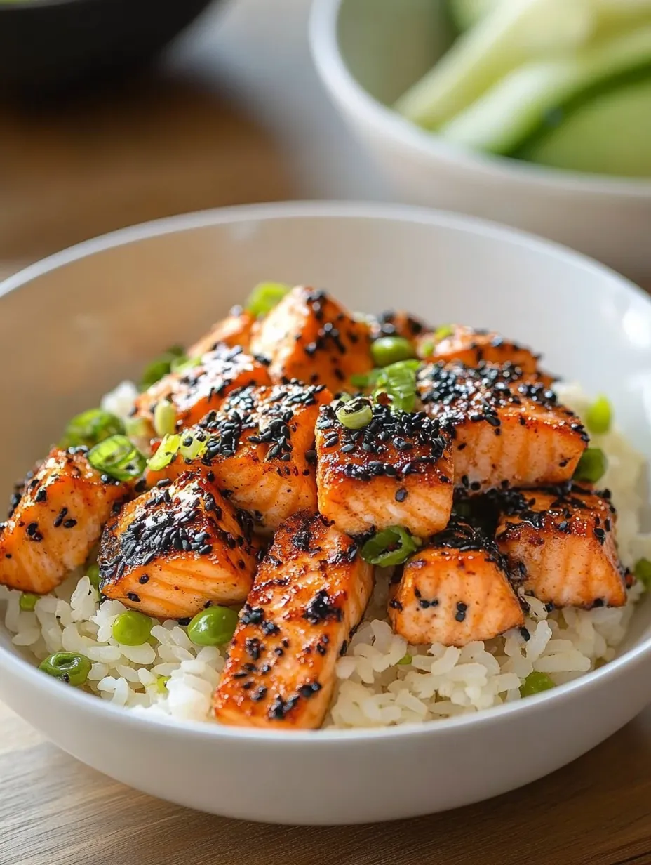 A bowl of rice with salmon and black seasoning.