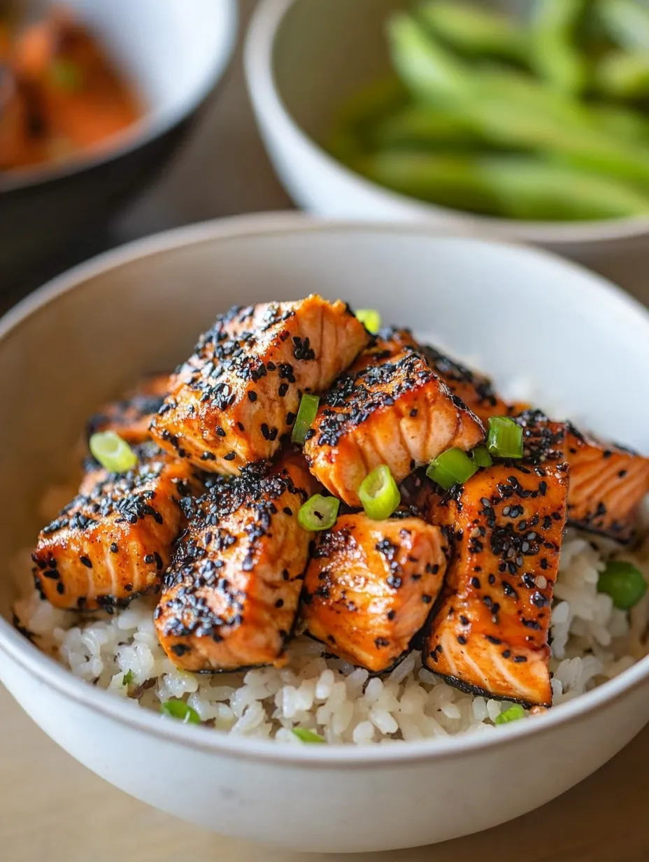A bowl of rice with salmon and black seasoning.