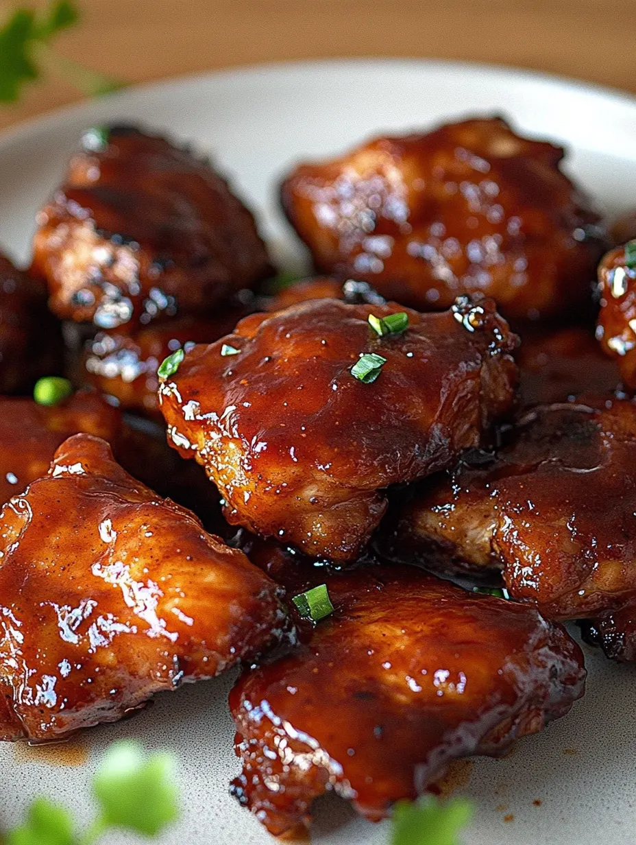A plate of honey BBQ chicken thighs in an air fryer.