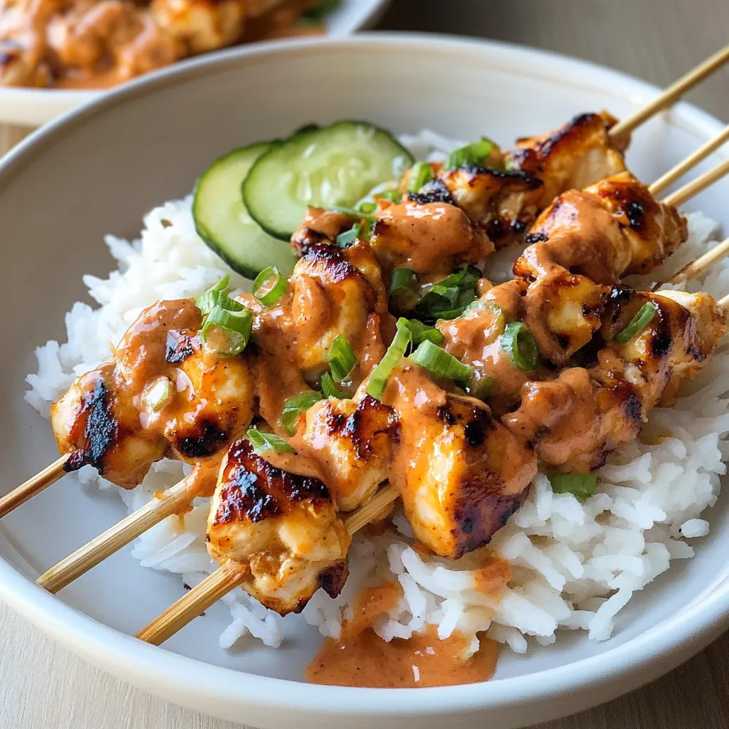 A plate of food with rice and meat on a stick.