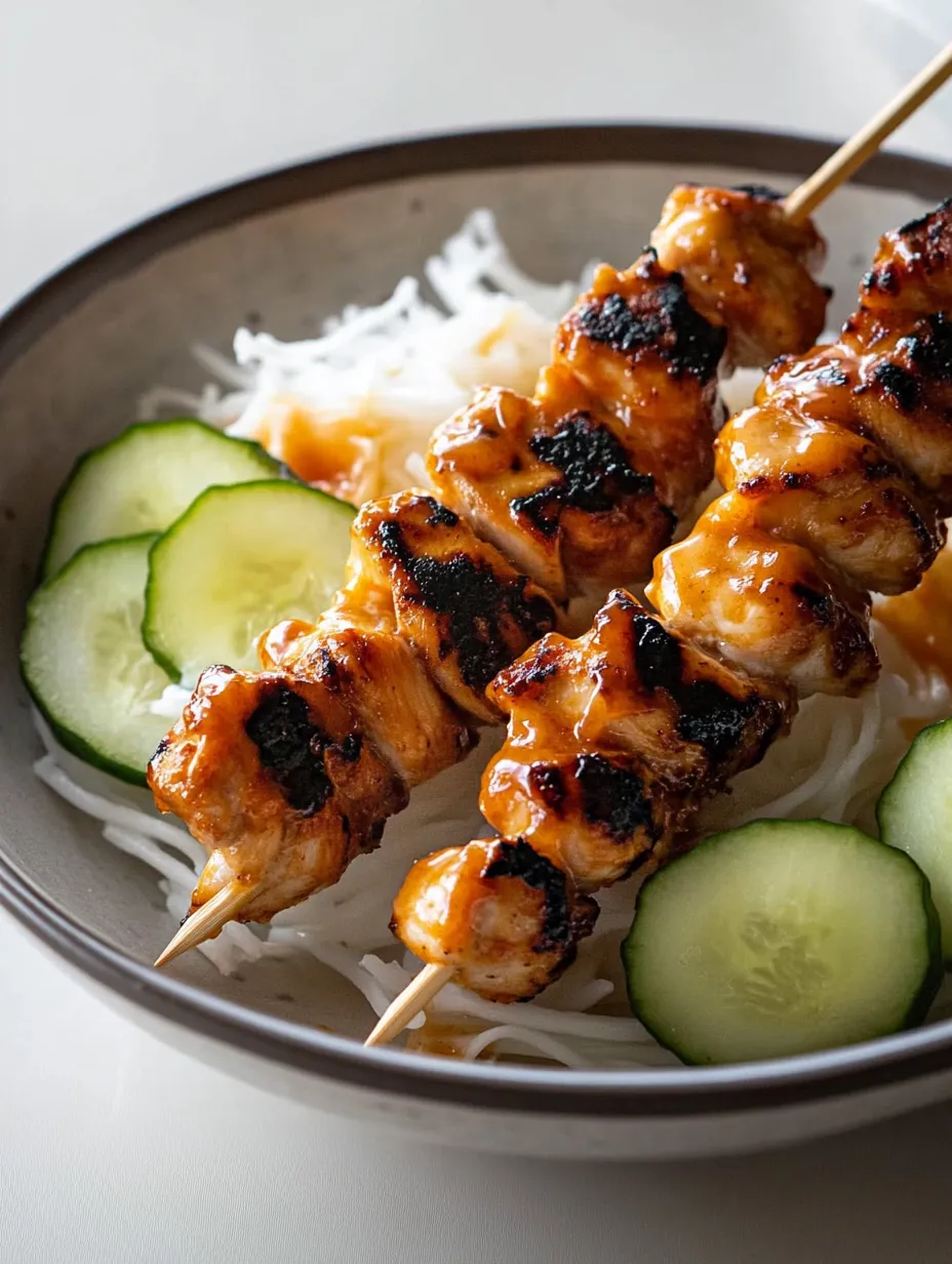 A bowl of food with chicken skewers and cucumbers.