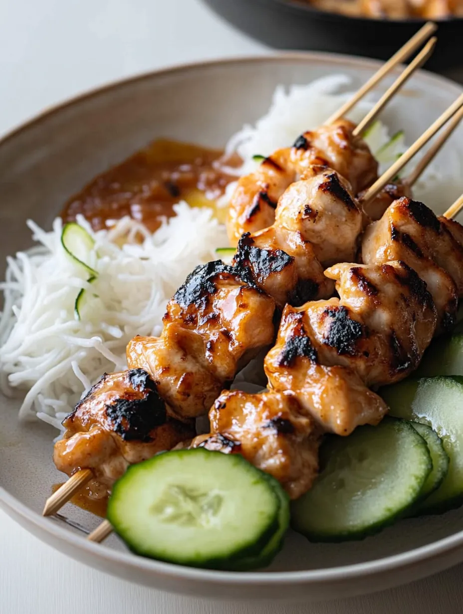 A plate of bang bang chicken skewers with cucumbers and rice.