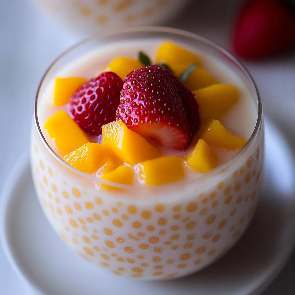 A glass of fruit with strawberries and mango.