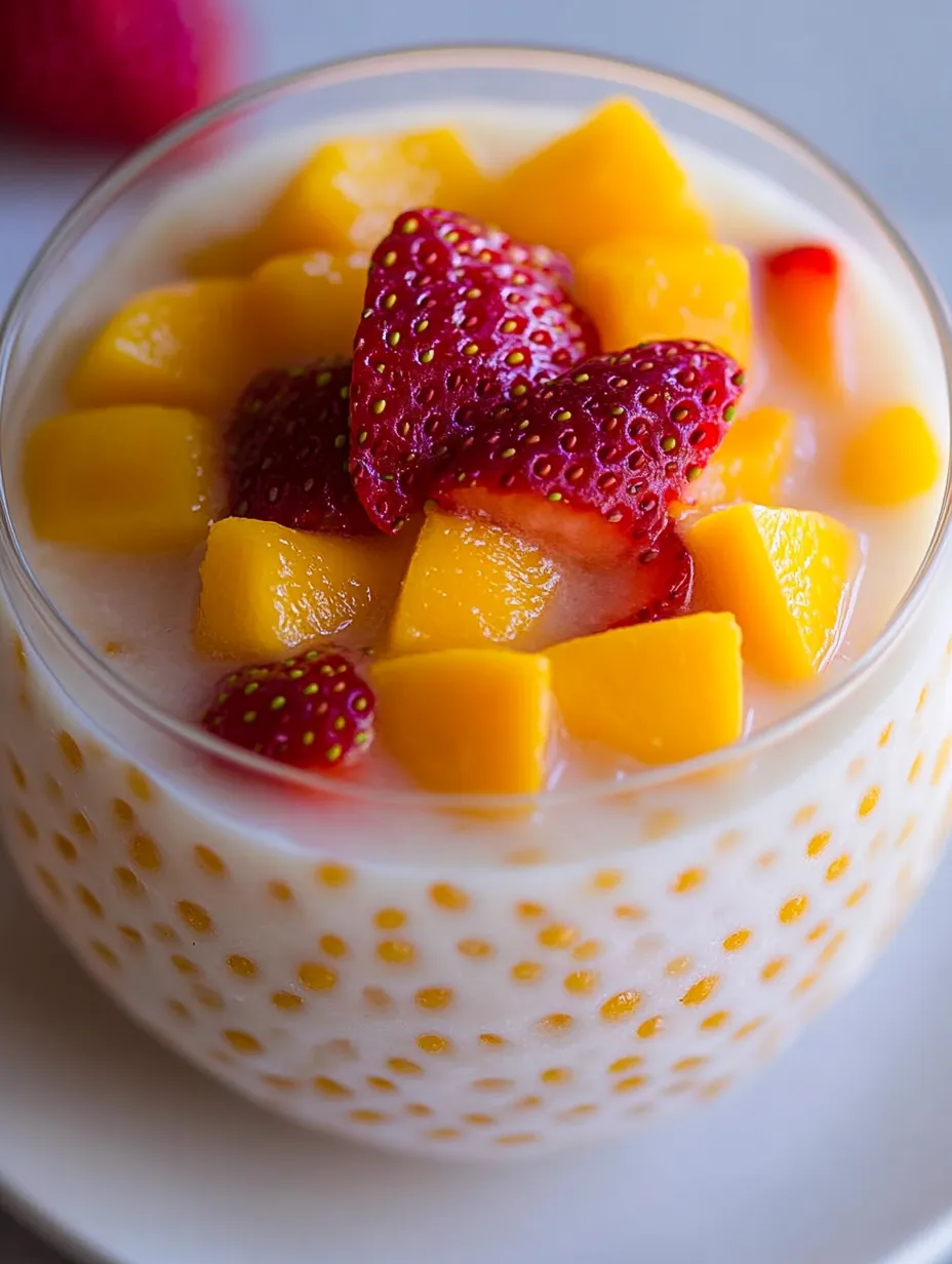 A glass of fruit with a strawberry on top.