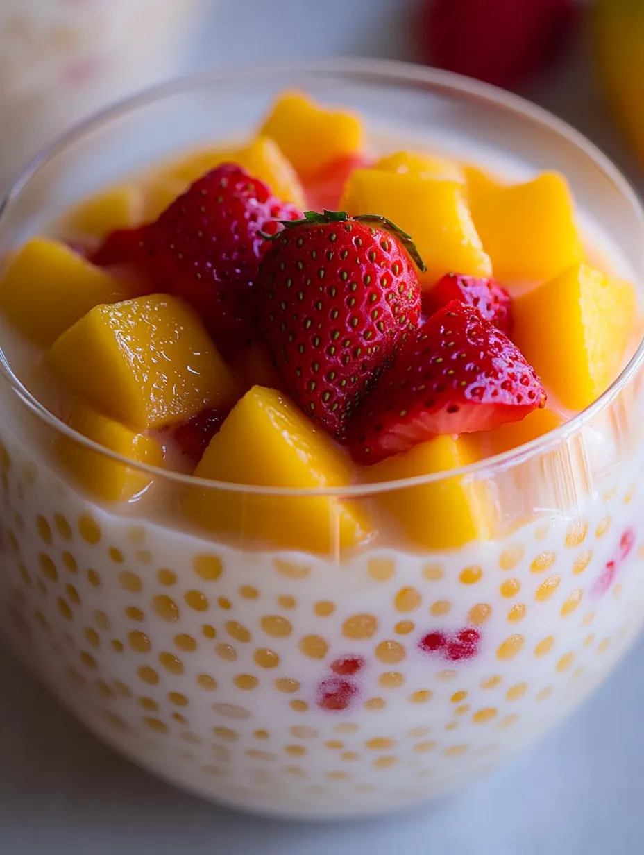 A glass of mango sago with strawberries on top.