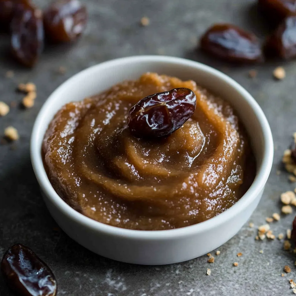 A white bowl filled with a sweet date paste.