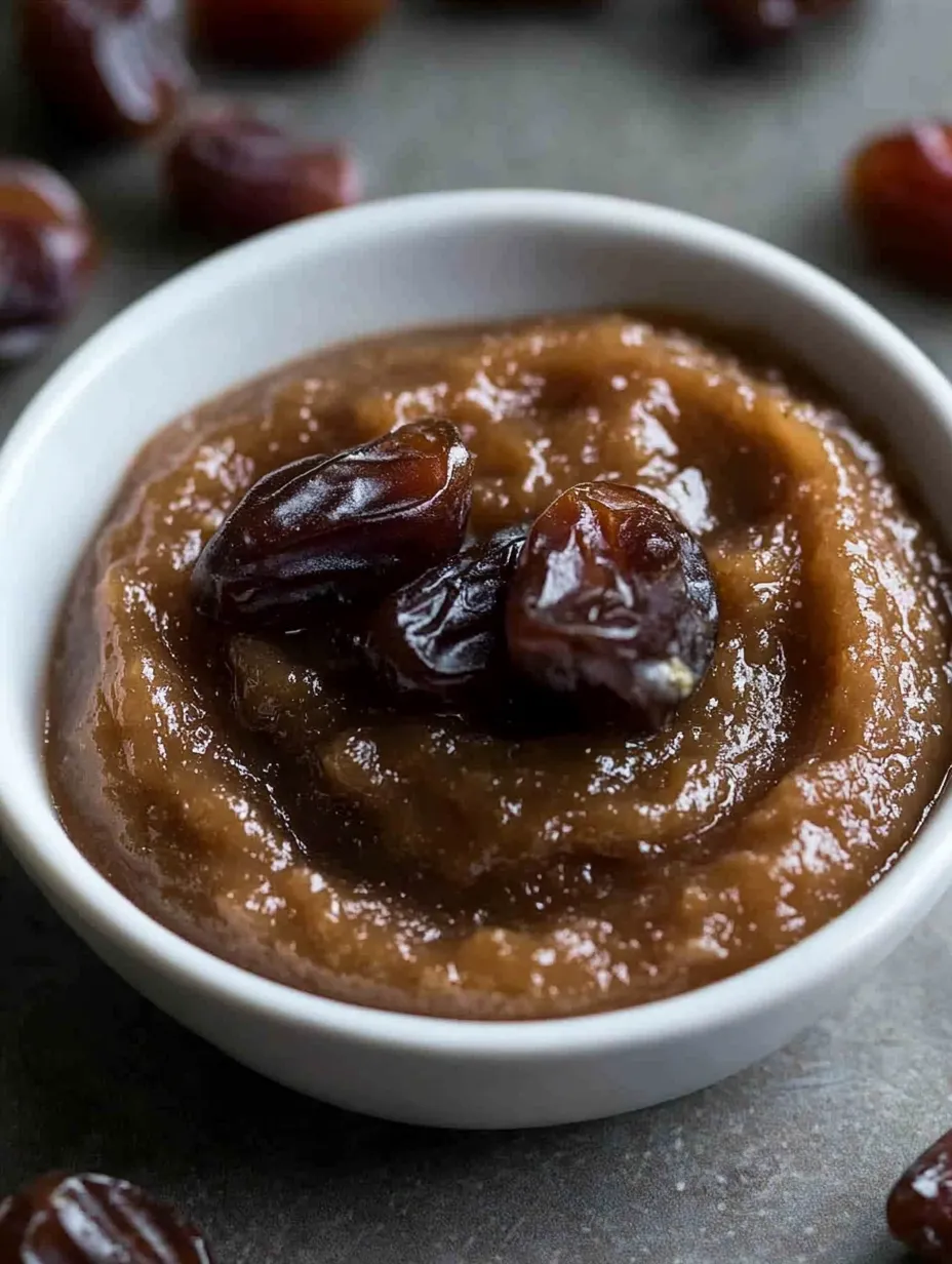 A bowl of date paste with a raisin on top.