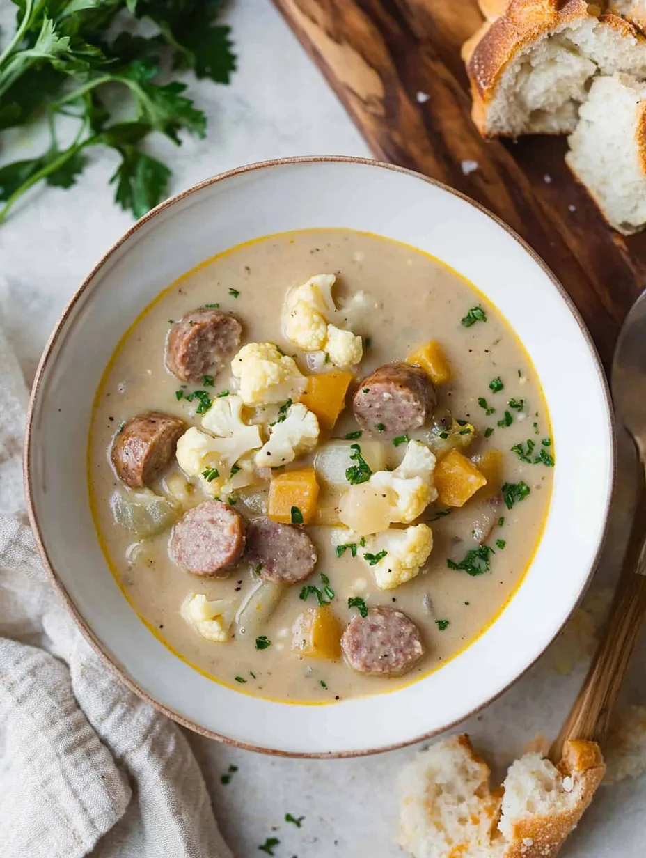 A bowl of soup with sausage and cauliflower.