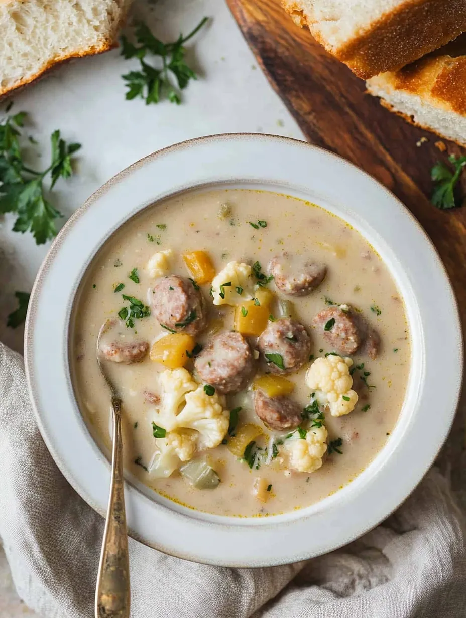 A bowl of soup with sausage and cauliflower.