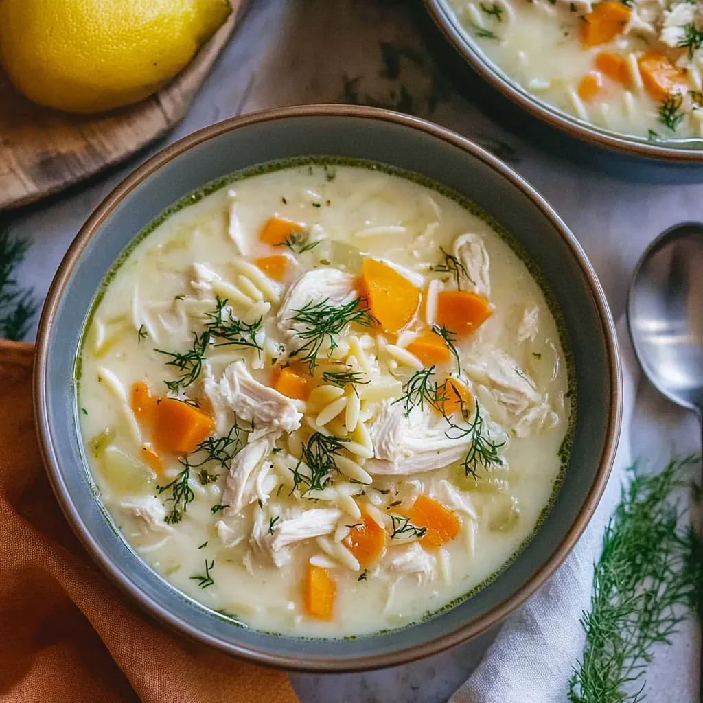 A bowl of soup with chicken and vegetables.