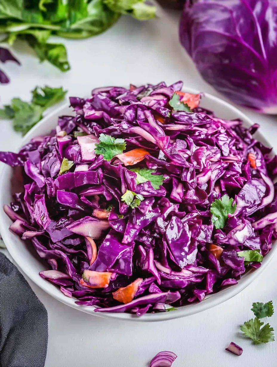 A bowl of red cabbage coleslaw.