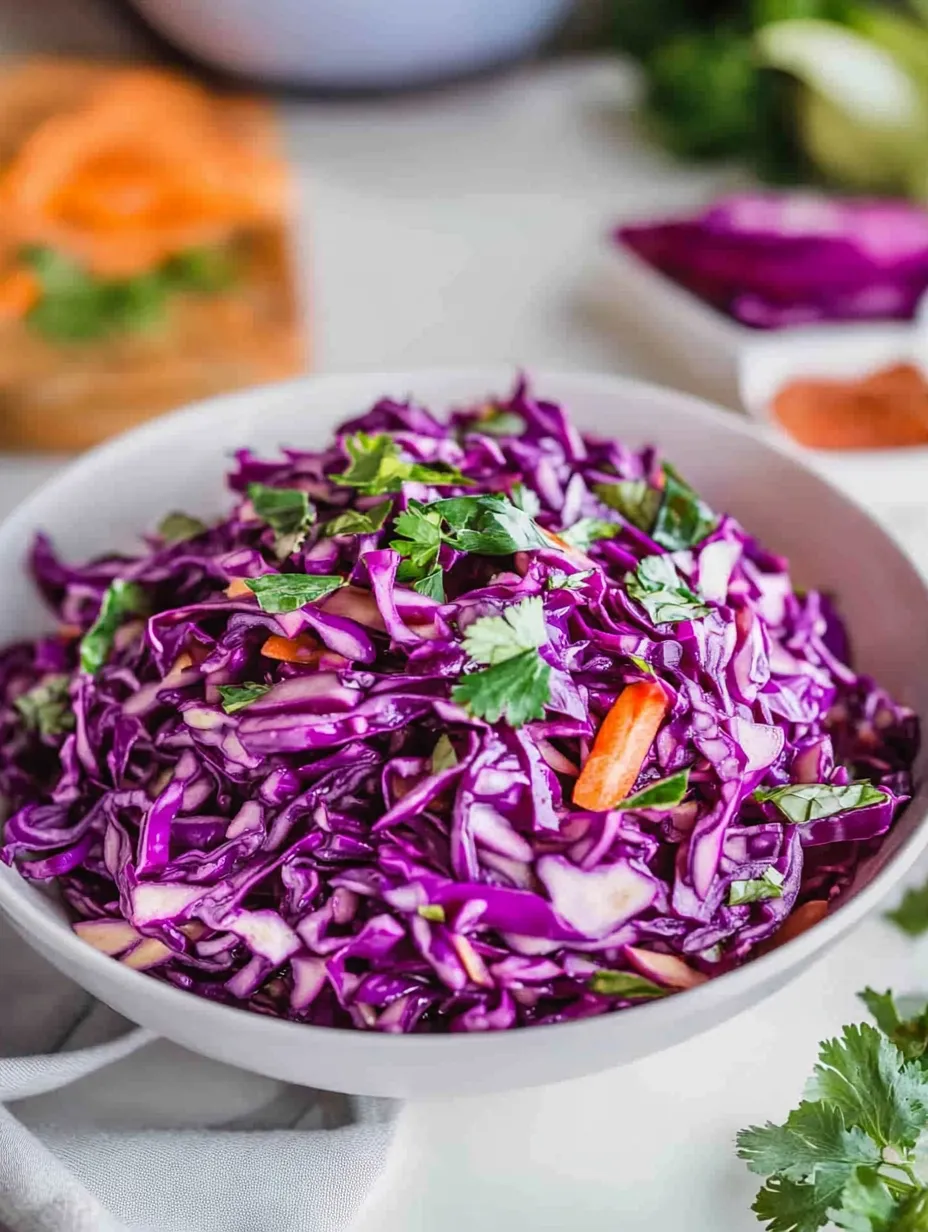 A white bowl filled with red cabbage coleslaw.