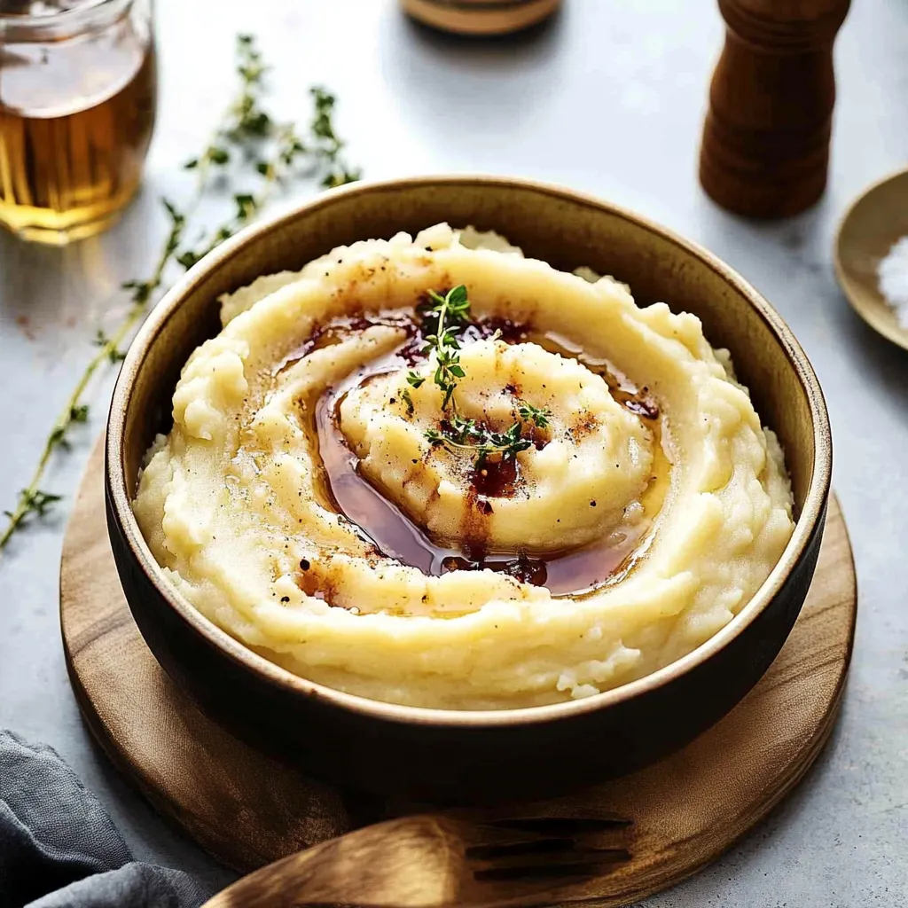 A bowl of mashed potatoes with a spoon in it.
